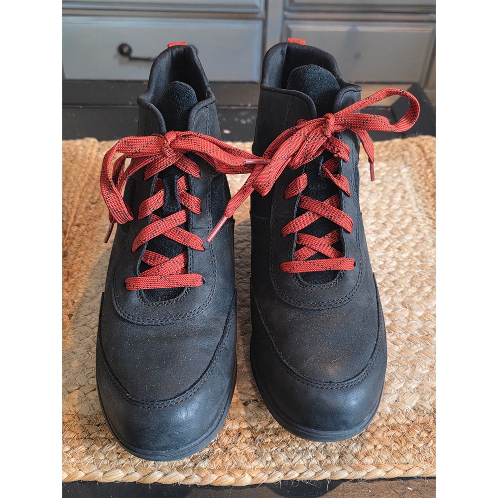 Sorel Evie Lace Black Leather Suede Wedge Ankle Boots Red Laces Waterproof